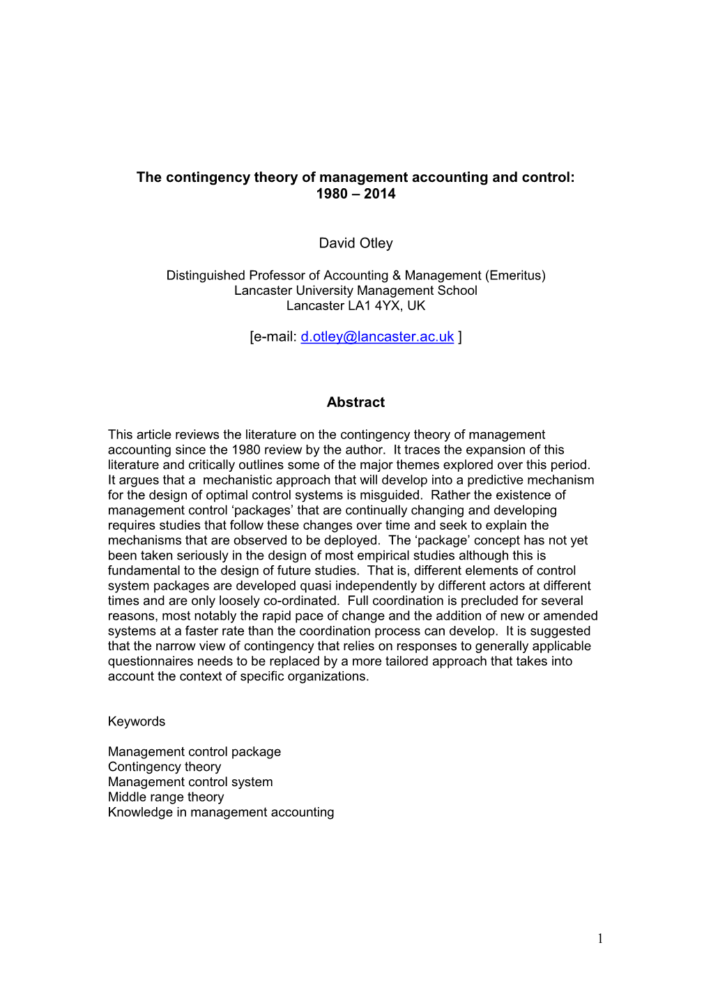 The Contingency Theory of Management Accounting and Control: 1980 – 2014