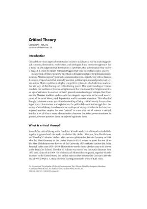 Critical Theory CHRISTIAN FUCHS University of Westminster, UK