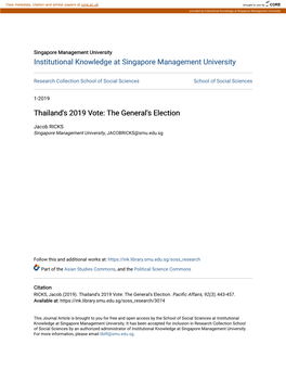 Thailand's 2019 Vote: the General's Election