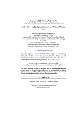Teleological and Aesthetic Perfection in the Aurora Consurgens ’, Celestial Magic, Special Issue of Culture and Cosmos , Vol