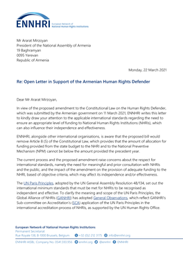 Open Letter in Support of the Armenian Human Rights Defender