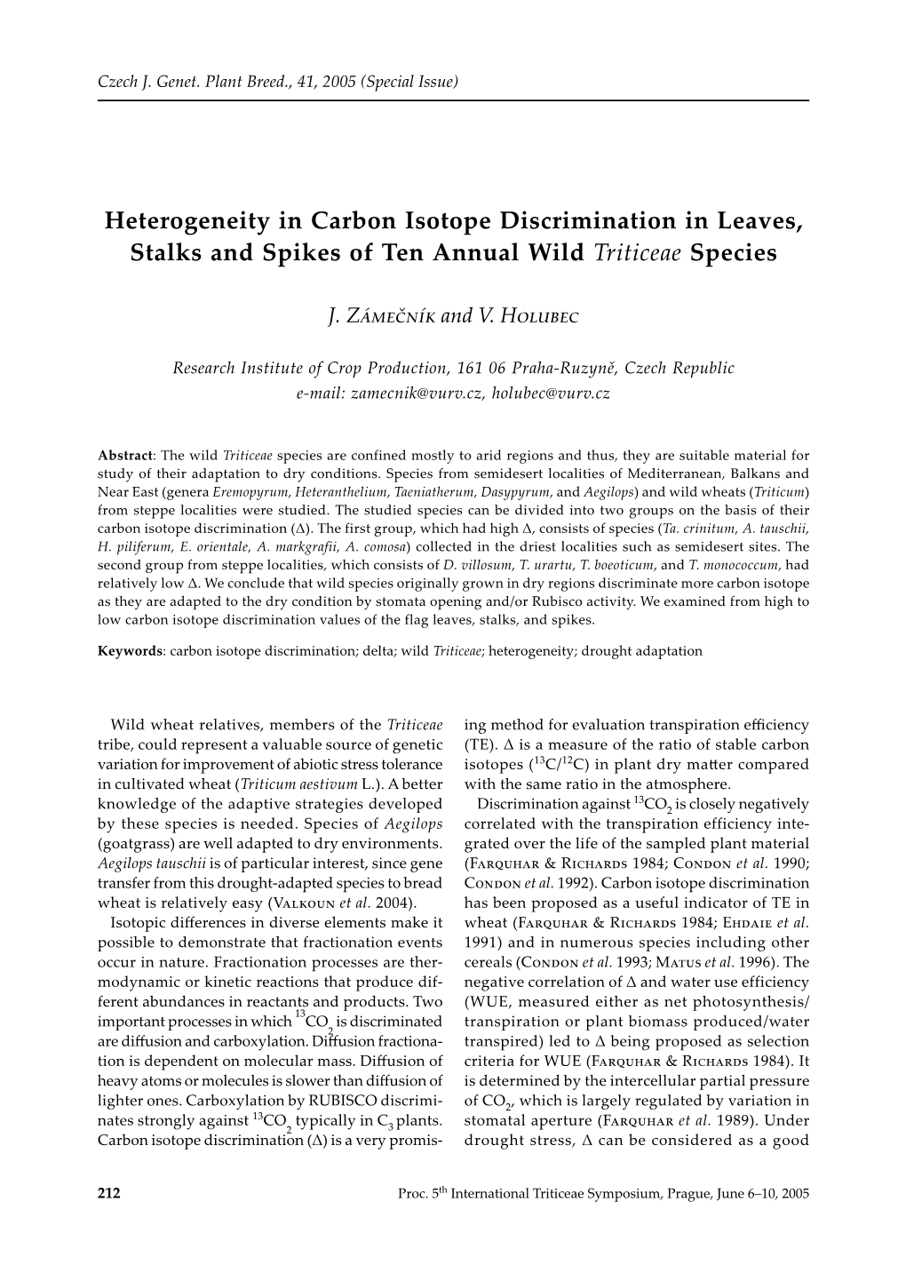 Heterogeneity in Carbon Isotope Discrimination in Leaves, Stalks and Spikes of Ten Annual Wild Triticeae Species