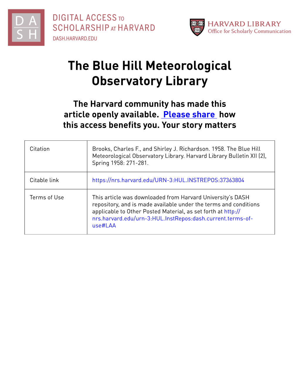 The Blue Hill Meteorological Observatory Library