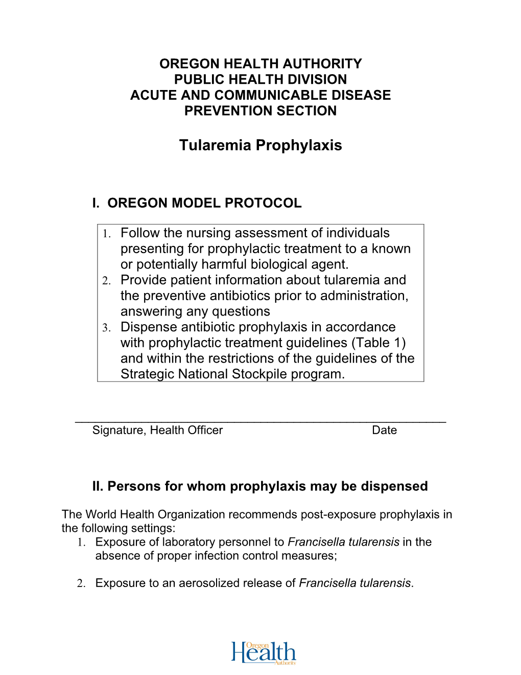 Standing Order for Tularemia Prophylaxis