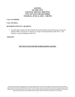Agenda of the City Council Special Meeting City of East Grand Forks Tuesday, June 11, 2019 – 5:00 Pm