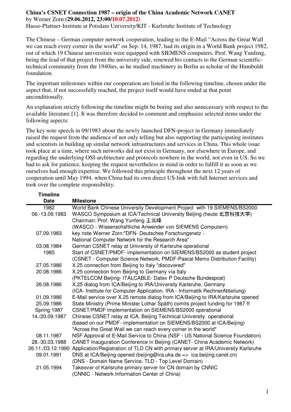 1 China's CSNET Connection 1987 – Origin of the China Academic