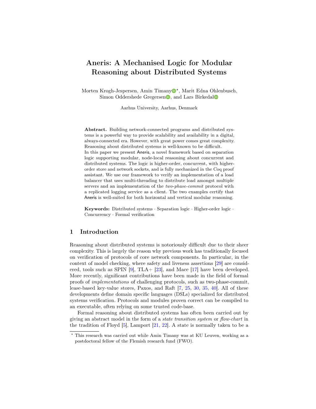 Aneris: a Mechanised Logic for Modular Reasoning About Distributed Systems