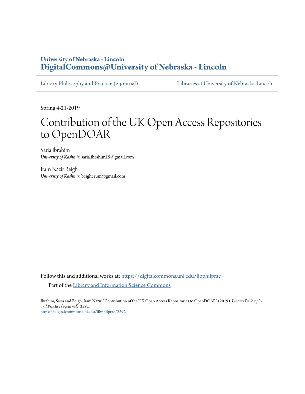 Contribution of the UK Open Access Repositories to Opendoar Saria Ibrahim University of Kashmir, Saria.Ibrahim19@Gmail.Com