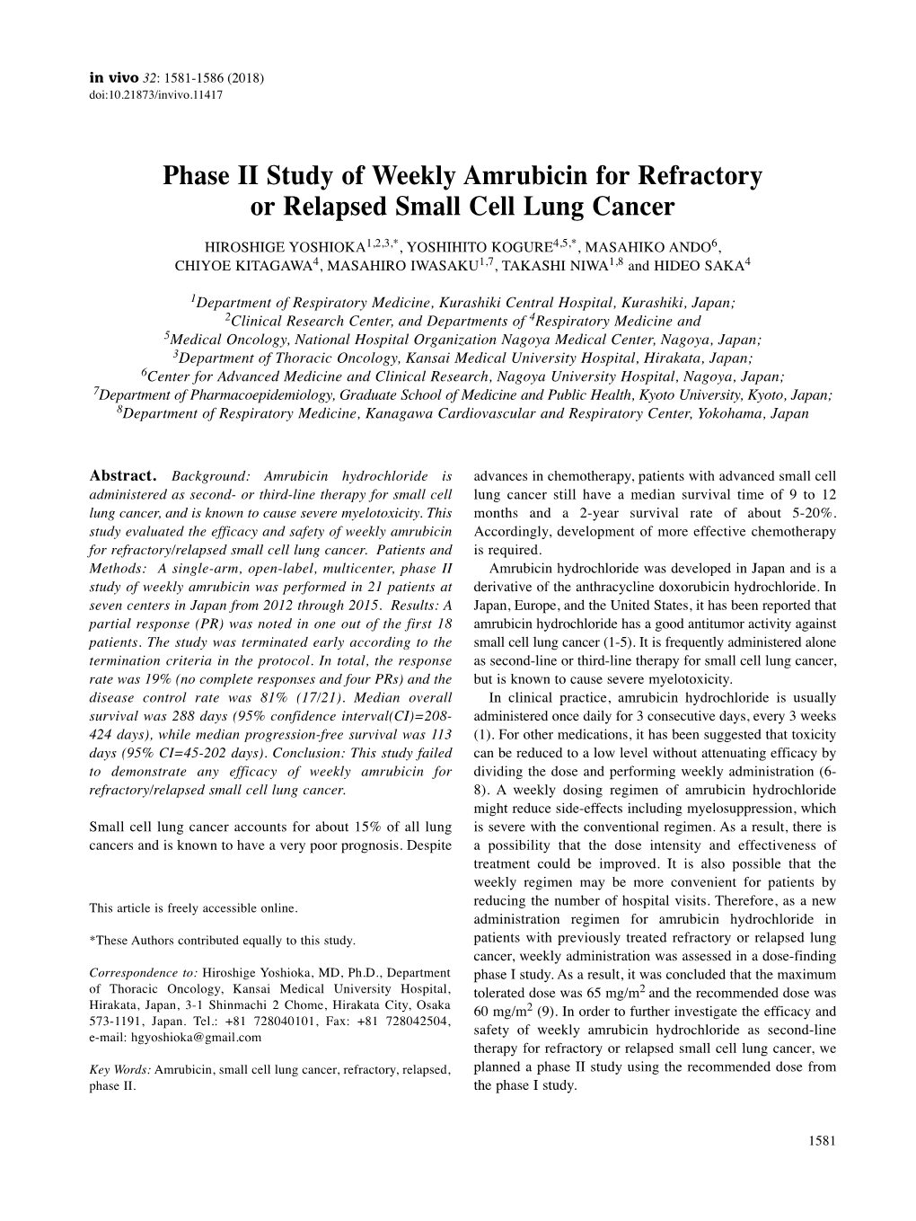 Phase II Study of Weekly Amrubicin for Refractory Or Relapsed Small Cell