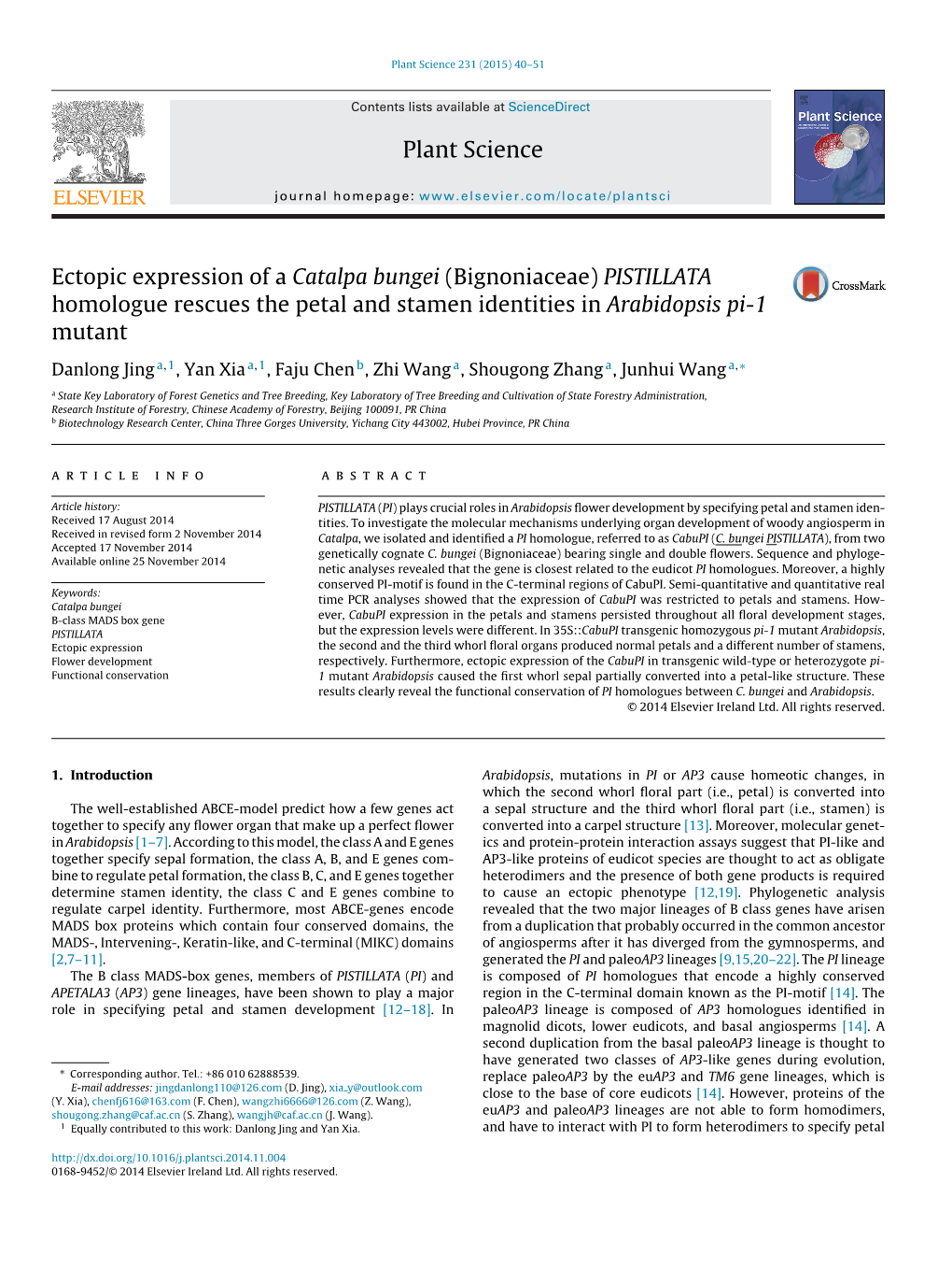 Ectopic Expression of a Catalpa Bungei (Bignoniaceae) PISTILLATA