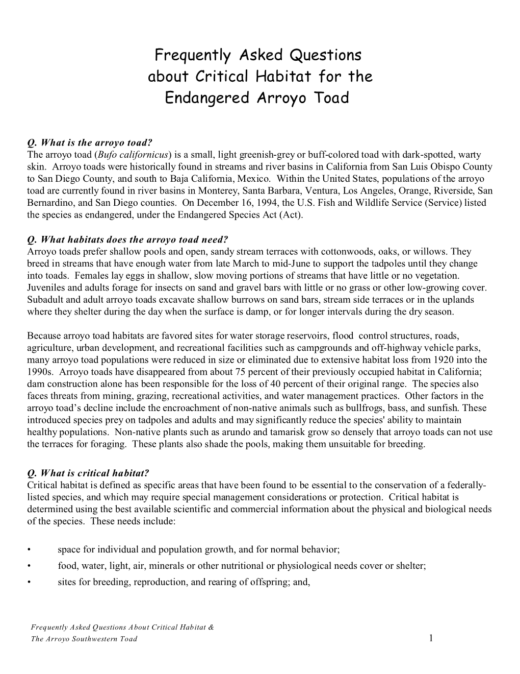 Frequently Asked Questions About Critical Habitat for the Endangered Arroyo Toad