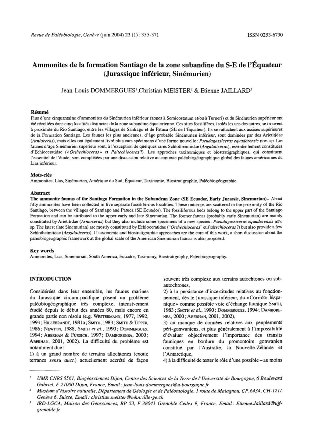 Ammonites De La Formation Santiago De La Zone Subandine Du S-E De L'équateur (Jurassique Inférieur, Sinémurien)