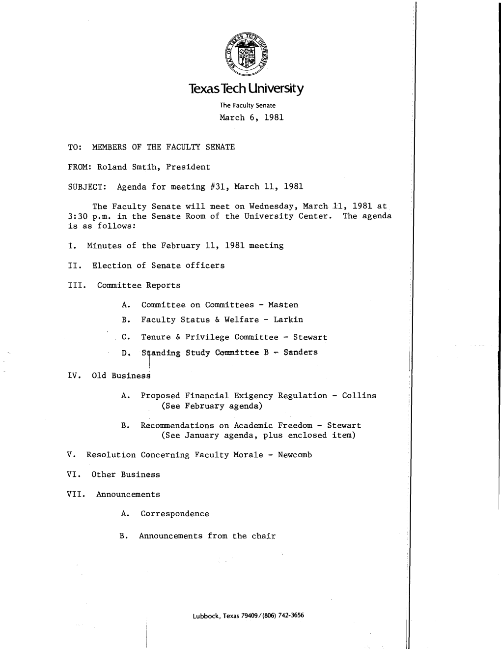 Agenda for Meeting #31, March 11, 1981