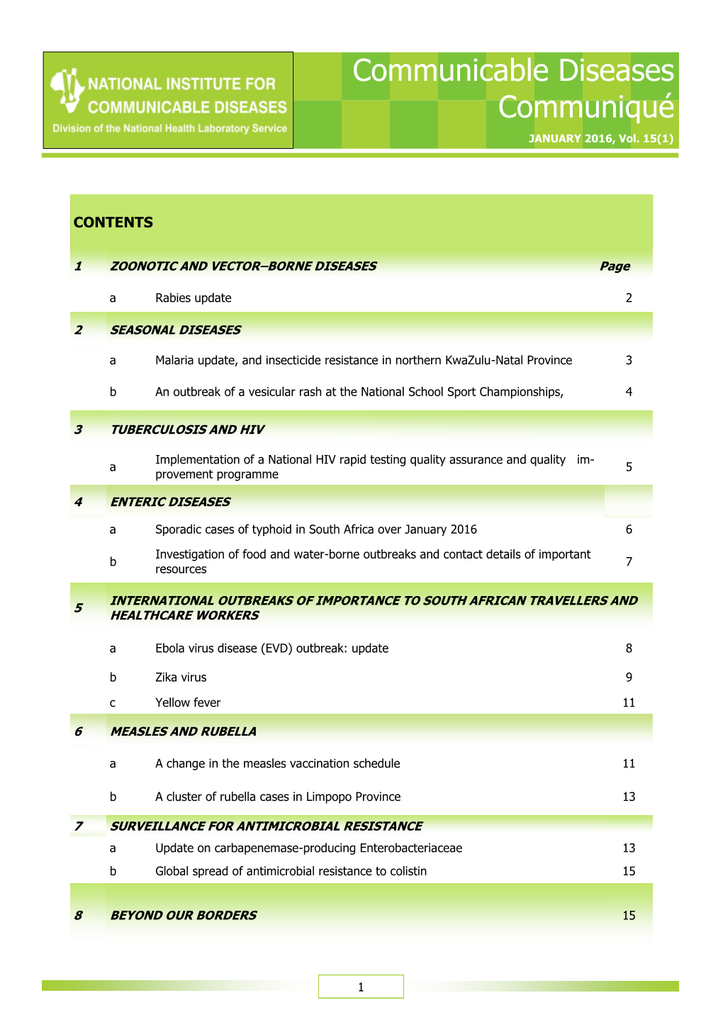 Communicable Diseases Communiqué JANUARY 2016, Vol