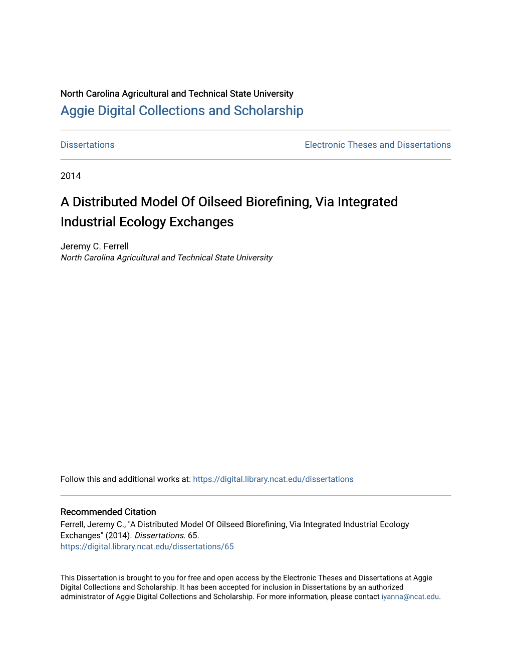 A Distributed Model of Oilseed Biorefining, Via Integrated Industrial Ecology Exchanges