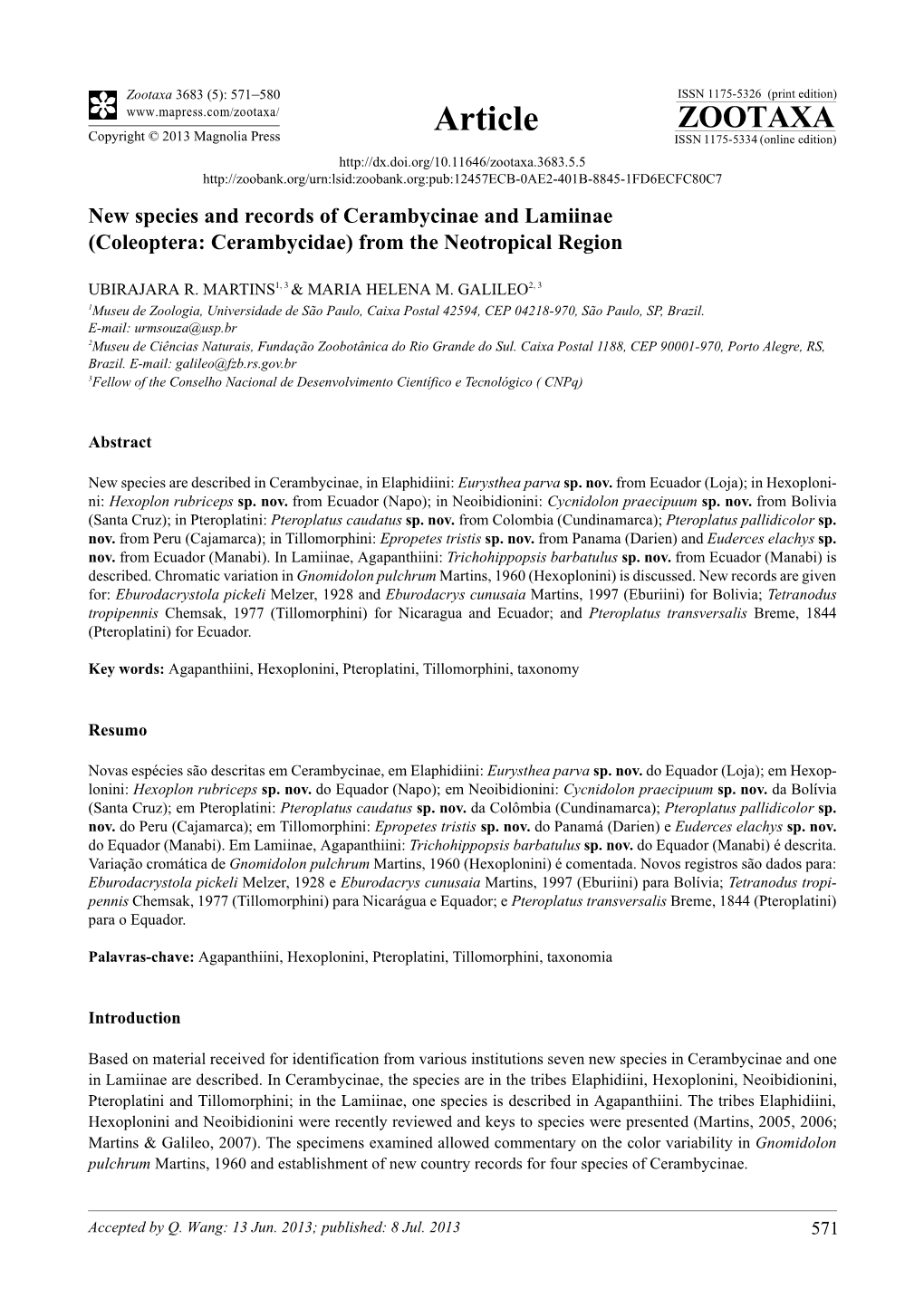 (Coleoptera: Cerambycidae) from the Neotropical Region