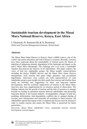 Sustainable Tourism Development in the Masai Mara National Reserve, Kenya, East Africa