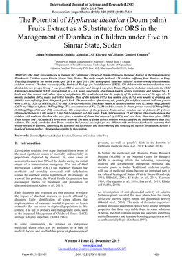 Hyphaene Thebaica (Doum Palm) Fruits Extract As a Substitute for ORS in the Management of Diarrhea in Children Under Five in Sinnar State, Sudan