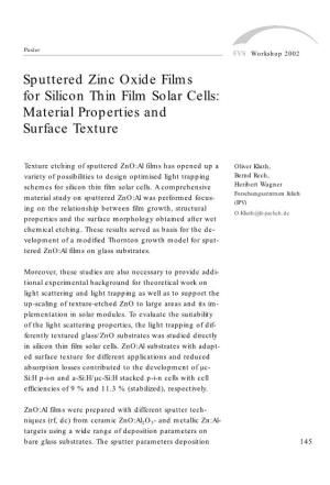 Sputtered Zinc Oxide Films for Silicon Thin Film Solar Cells: Material Properties and Surface Texture