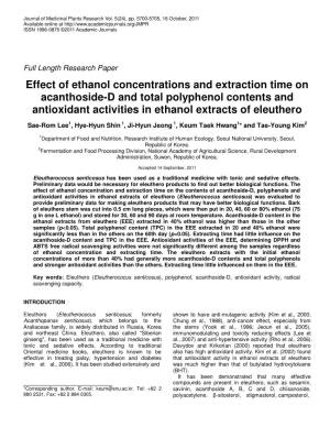 Effect of Ethanol Concentrations and Extraction Time on Acanthoside-D and Total Polyphenol Contents and Antioxidant Activities in Ethanol Extracts of Eleuthero
