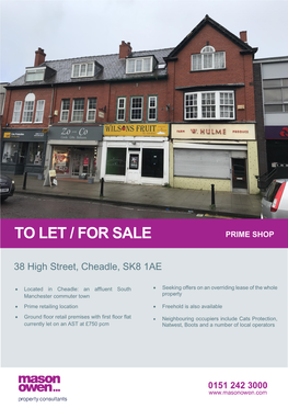 To Let / for Sale Prime Shop