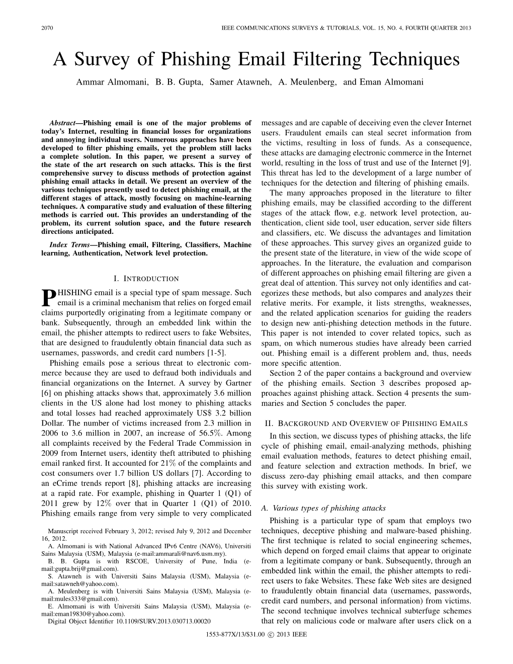 A Survey of Phishing Email Filtering Techniques Ammar Almomani, B