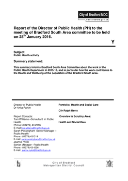 Report of the Director of Public Health (PH) to the Meeting of Bradford South Area Committee to Be Held on 28 January 2016