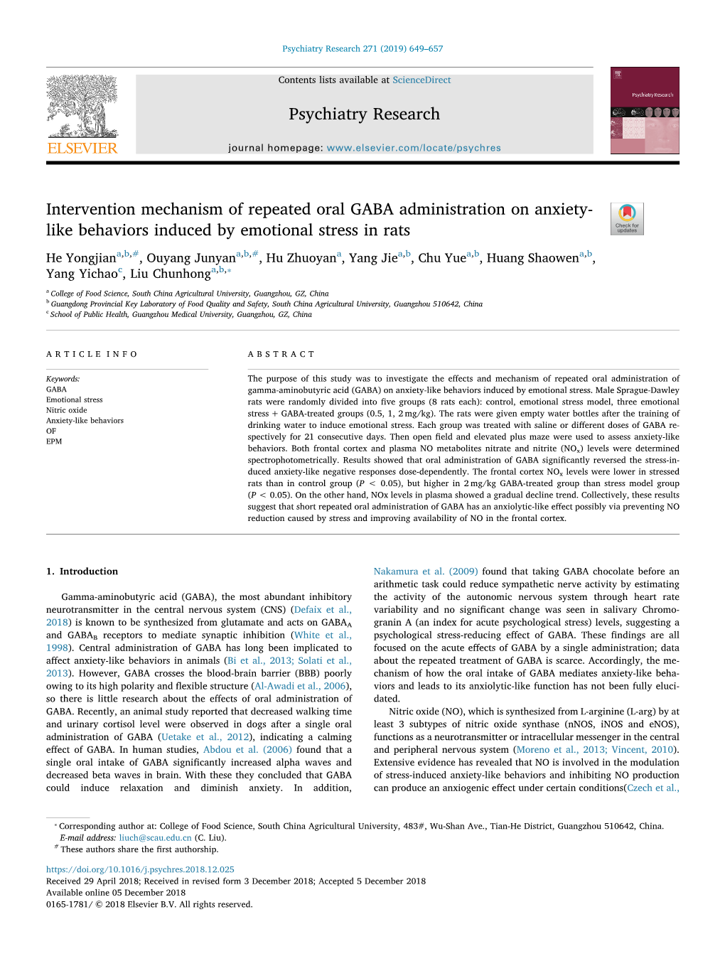 Intervention Mechanism of Repeated Oral GABA Administration on Anxiety- Like Behaviors Induced by Emotional Stress in Rats T