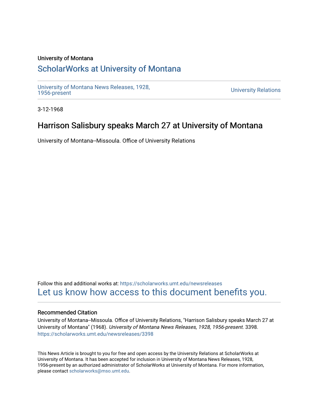 Harrison Salisbury Speaks March 27 at University of Montana