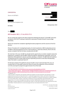 Correspondence Between Ofcom and the BBC, 30 September 2019 to 6