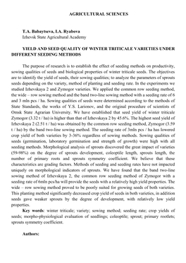 AGRICULTURAL SCIENCES T.A. Babaytseva, I.A. Ryabova Izhevsk State Agricultural Academy YIELD and SEED QUALITY of WINTER TRITICAL