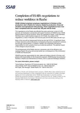 Completion of SSAB's Negotiations to Reduce Workforce in Raahe