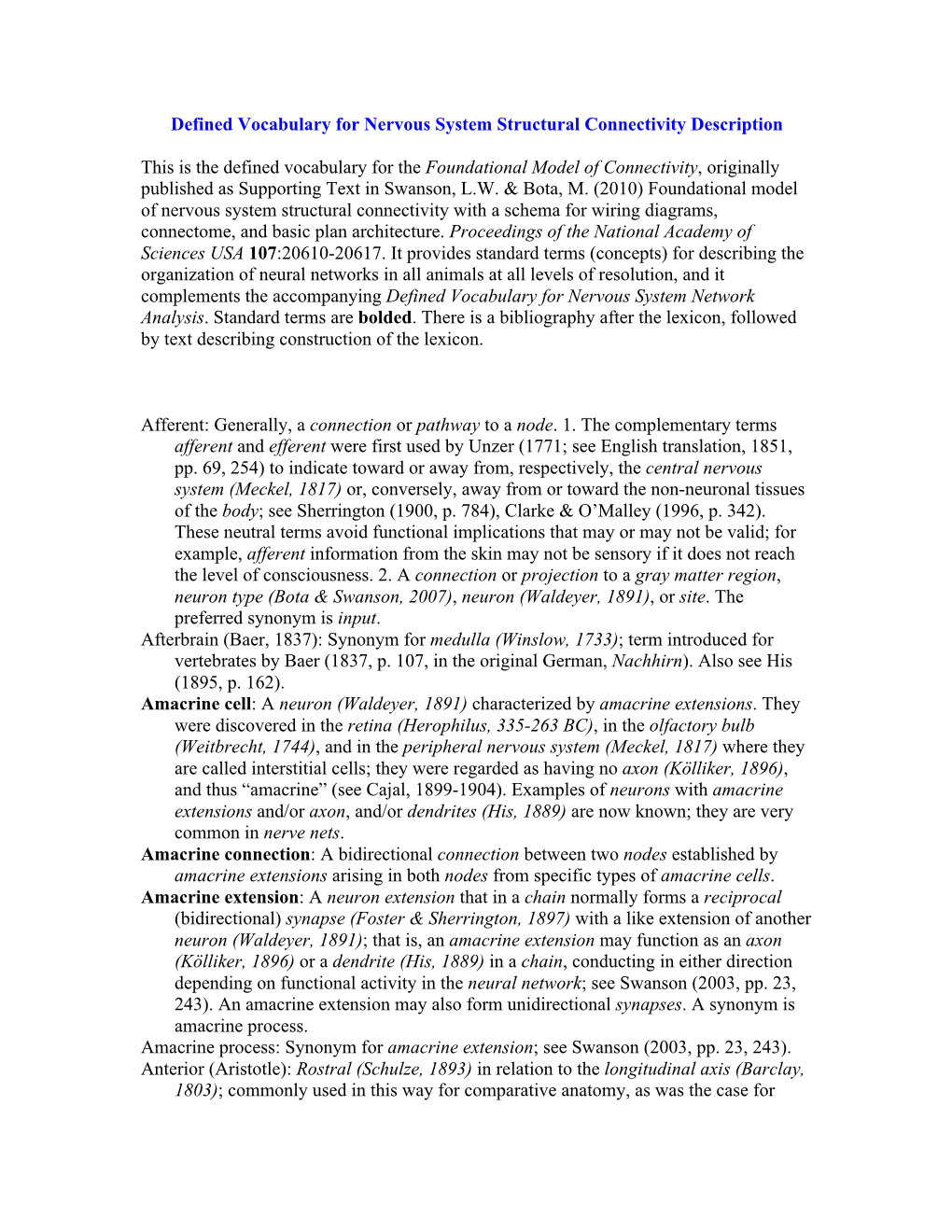 Defined Vocabulary for Nervous System Structural Connectivity Description