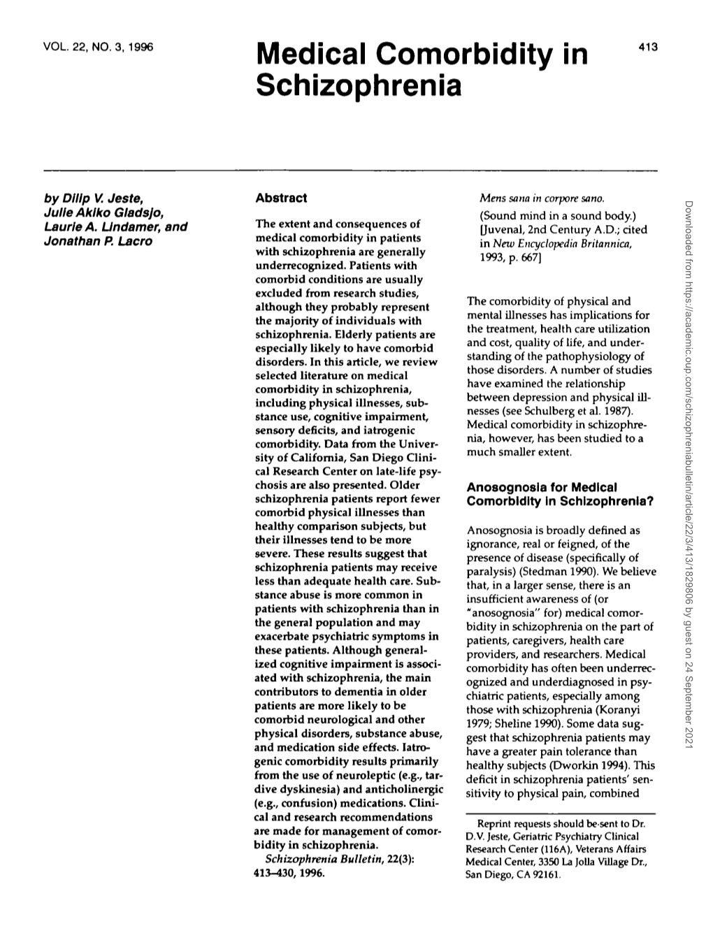 Medical Comorbidity in Schizophrenia