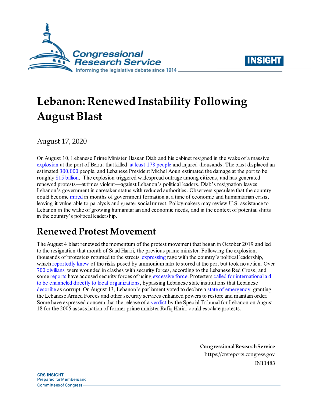 Lebanon: Renewed Instability Following August Blast