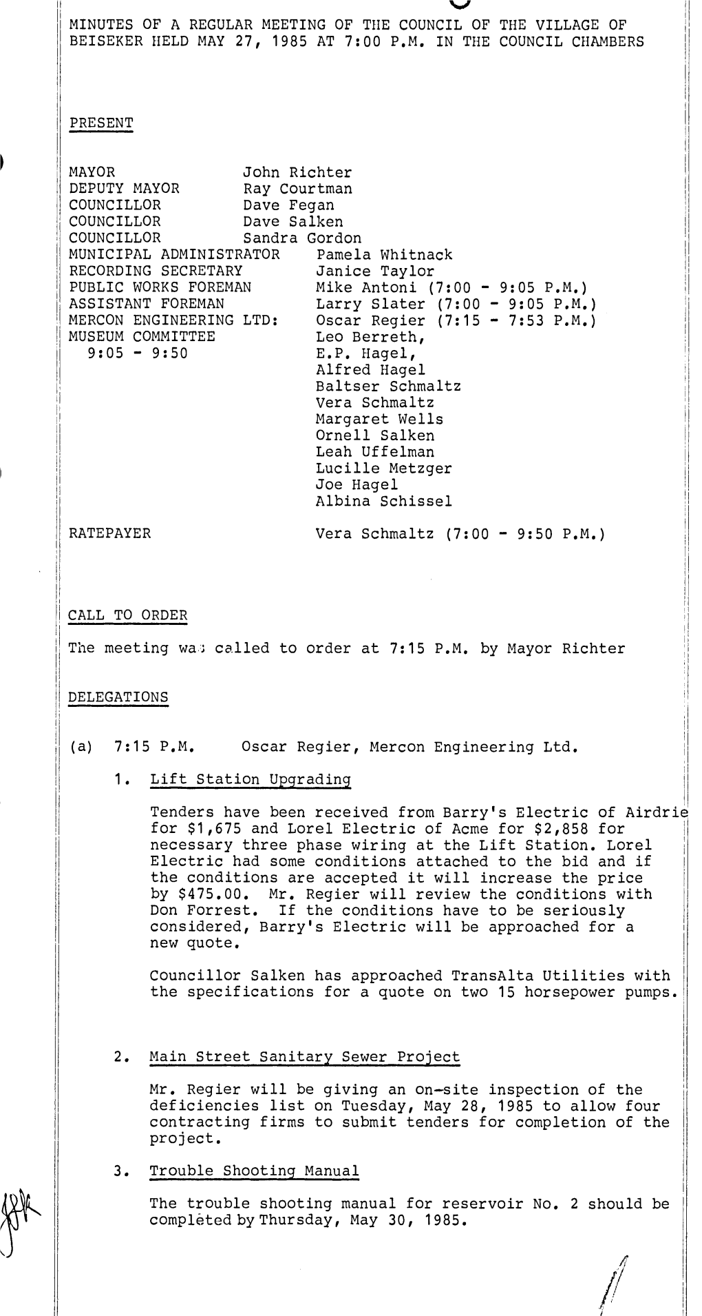 For $1,675 and Lorel Electric of Acme for $2,858 for the Specifications for a Quote on Two 15 Horsepower Pumps. Project