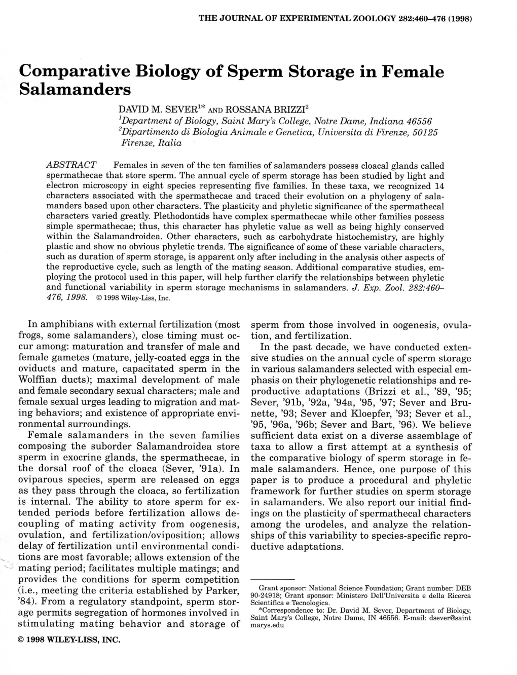 Comparative Biology of Sperm Storage in Female Salamanders