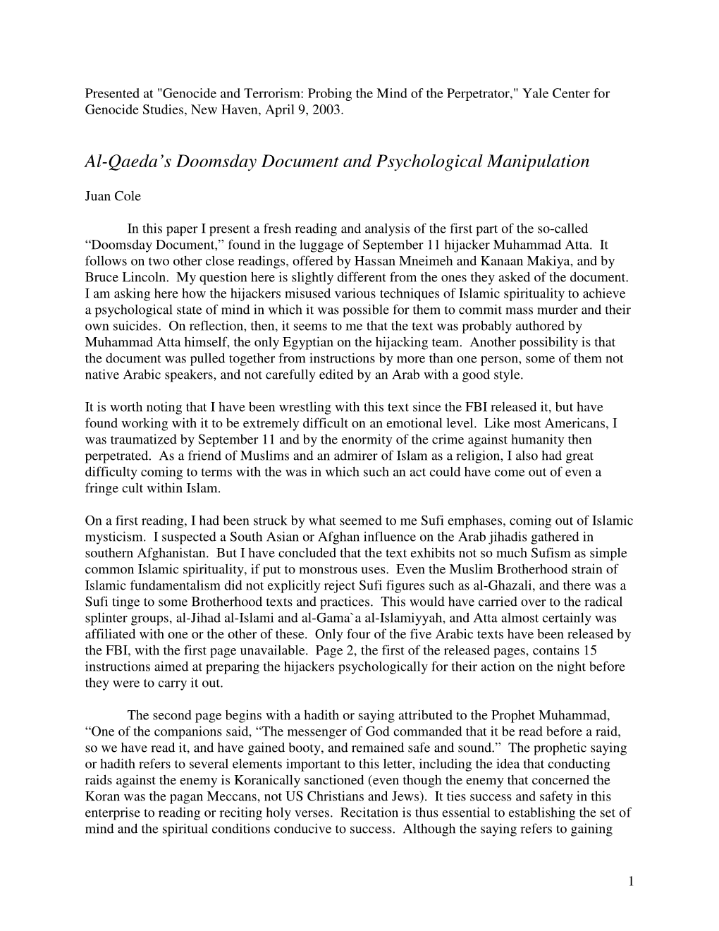 Al-Qaeda's Doomsday Document and Psychological Manipulation