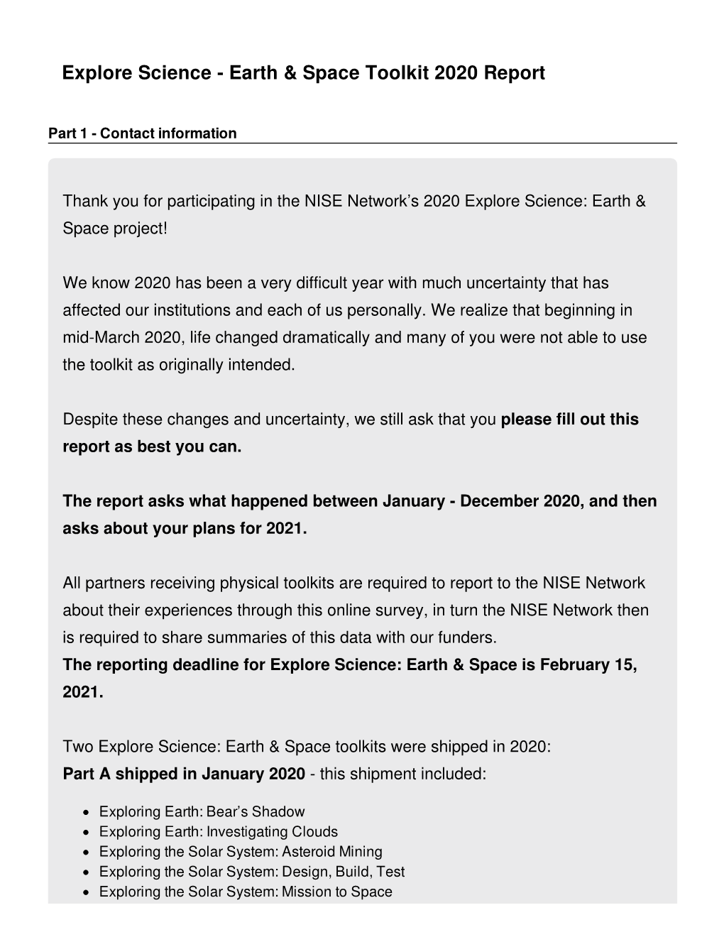 Explore Science - Earth & Space Toolkit 2020 Report