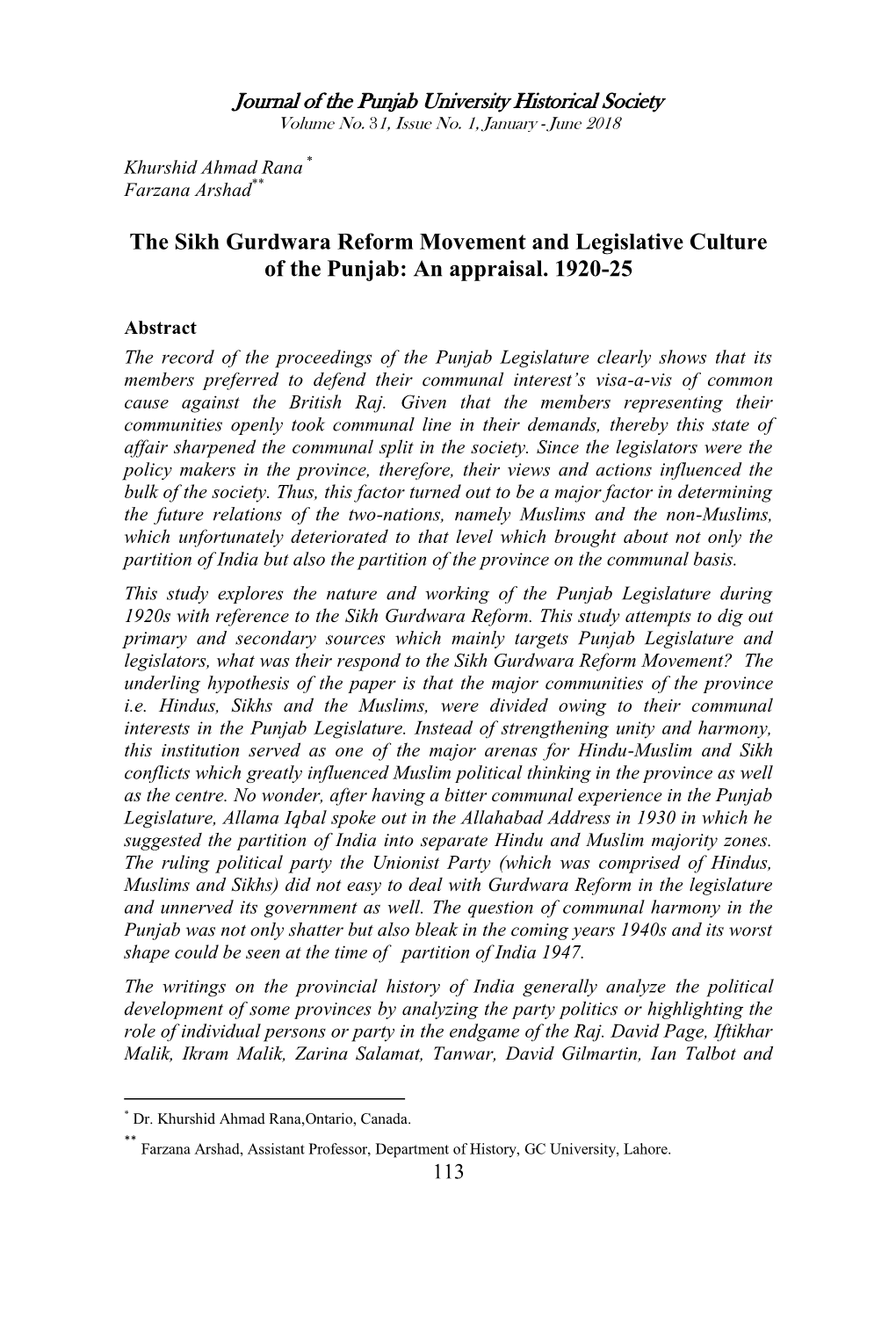 The Sikh Gurdwara Reform Movement and Legislative Culture of the Punjab: an Appraisal