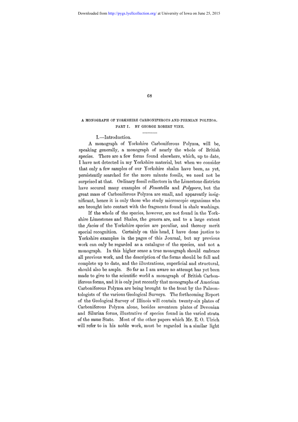 Introduction. a Monograph of Yorkshire Carboniferous Polyzoa, Will Be, Speaking Generally, a Monograph of Nearly the Whole of British Species