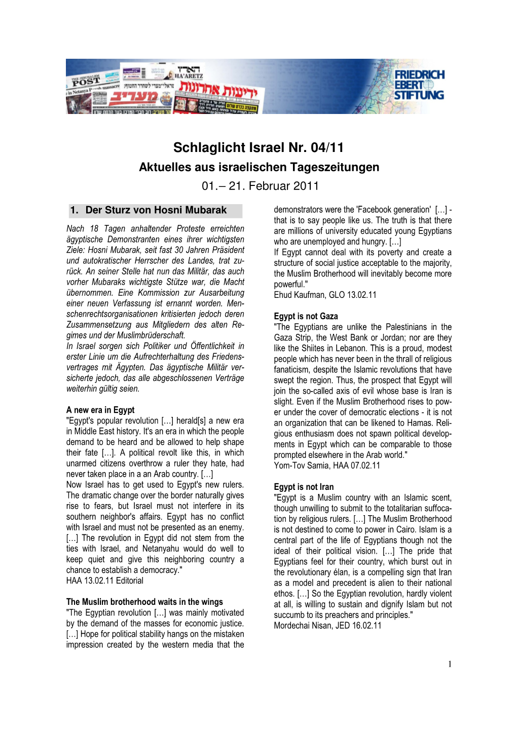 Schlaglicht Israel Nr. 04/11 Aktuelles Aus Israelischen Tageszeitungen 01