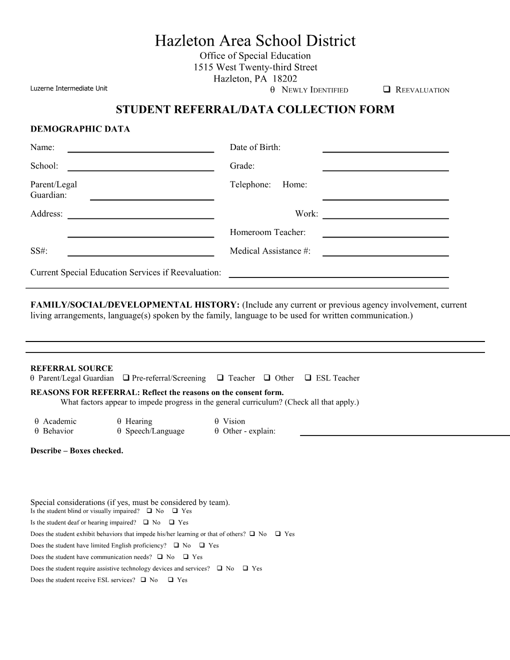 Student Referral/Data Collection Form