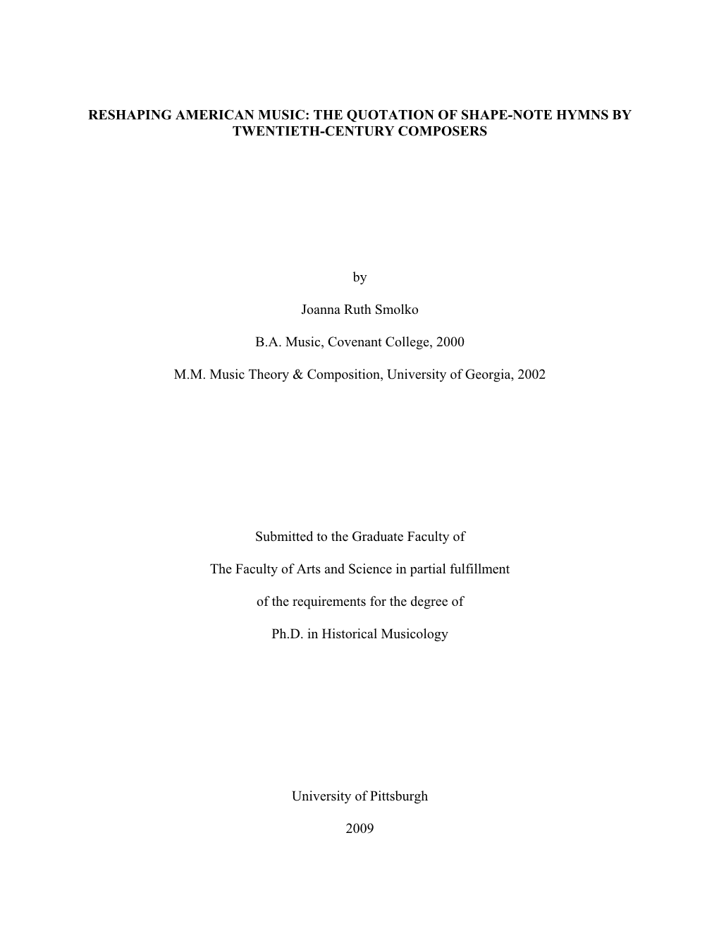 Reshaping American Music: the Quotation of Shape-Note Hymns by Twentieth-Century Composers