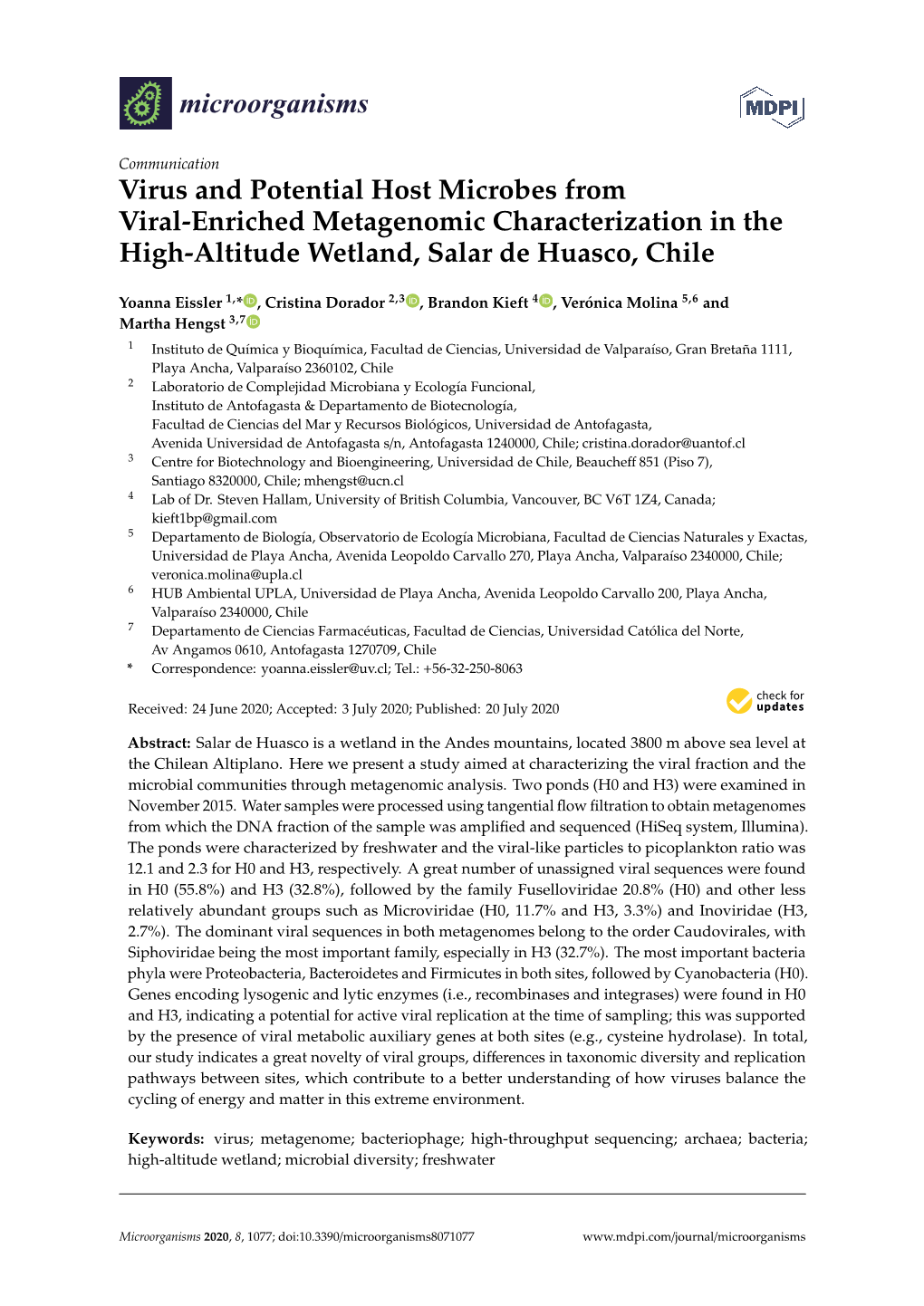 Virus and Potential Host Microbes from Viral-Enriched Metagenomic Characterization in the High-Altitude Wetland, Salar De Huasco, Chile