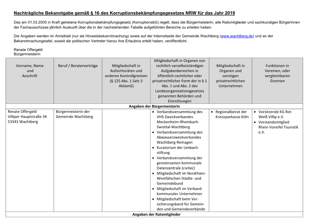 Bekanntgabe Gem. Korruptionsbg NRW Für 2019