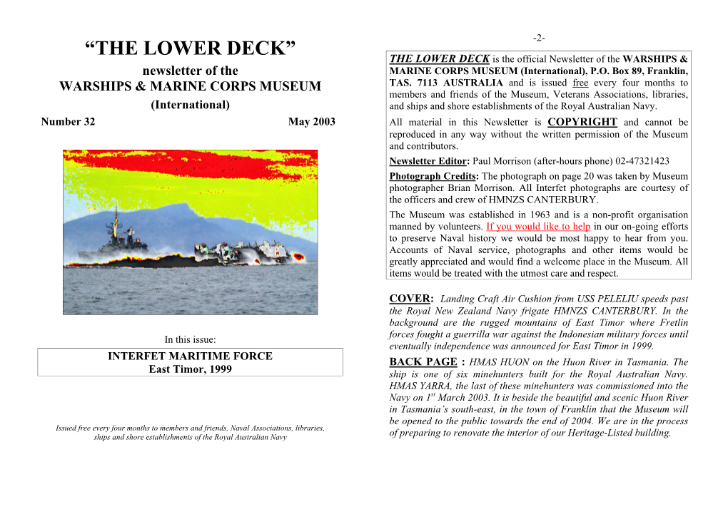THE LOWER DECK” the LOWER DECK Is the Official Newsletter of the WARSHIPS & Newsletter of the MARINE CORPS MUSEUM (International), P.O