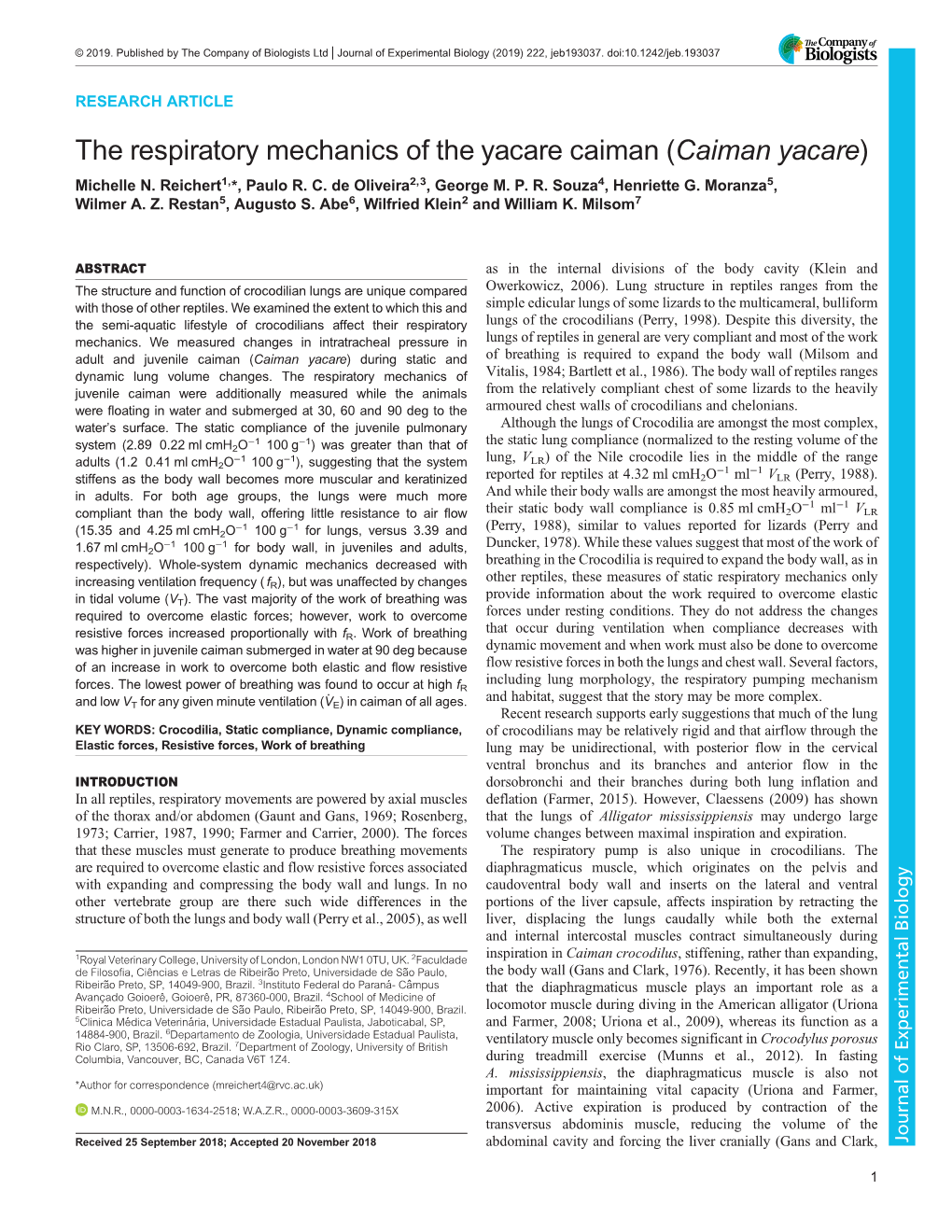 The Respiratory Mechanics of the Yacare Caiman (Caiman Yacare) Michelle N