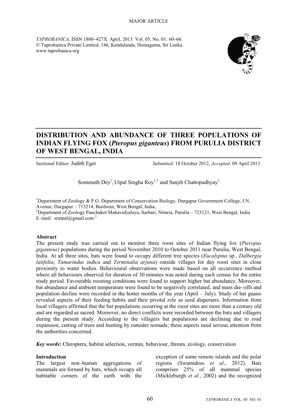 Distribution and Abundance of Giant Fruit Bat (Pteropus Giganteus)