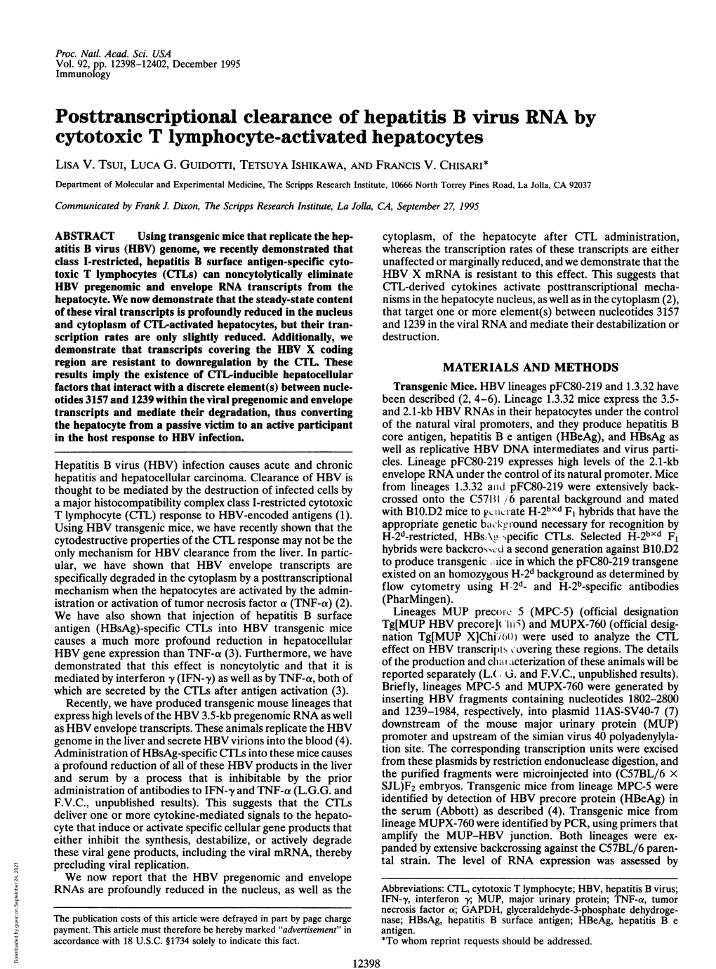 Posttranscriptional Clearance of Hepatitis B Virus RNA by Cytotoxic T Lymphocyte-Activated Hepatocytes LISA V